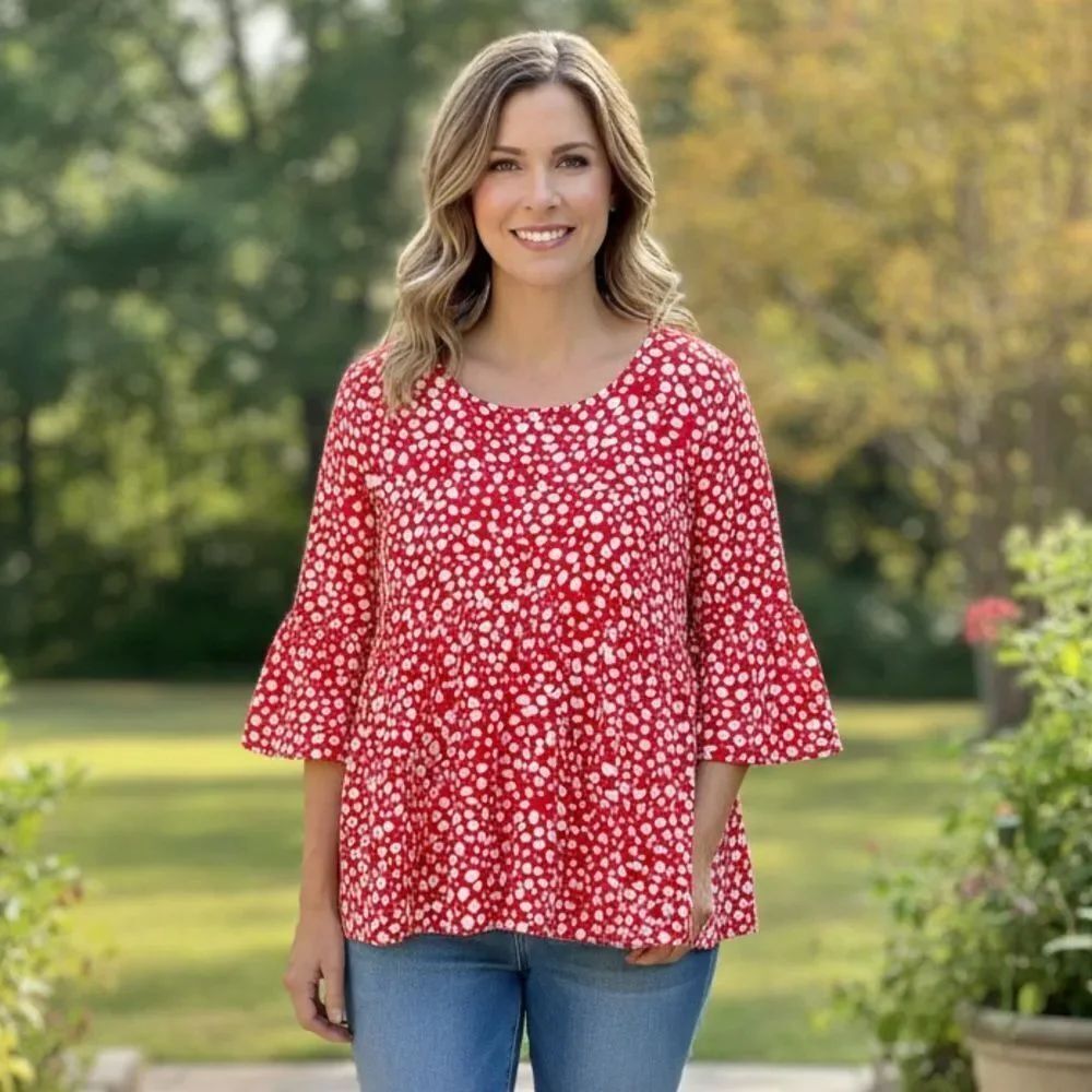 Take 50% OFF- Andree Red and White Polka Dot Women's Top, Size- 1X
